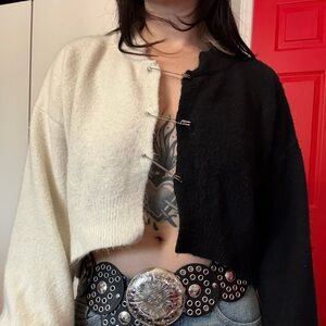 Black and White Cropped Sweater with Safety Pin Closure Fashion Nova